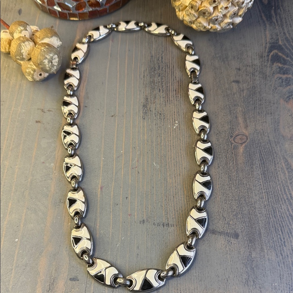 Cream and Black Enamel Silver Tone Necklace